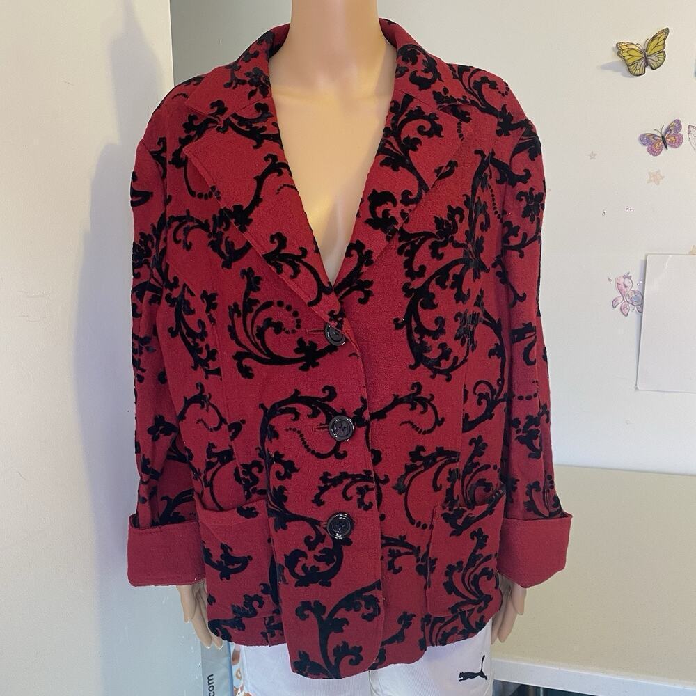 VTG North Style WoolRayon Red Black Burnout Velvet Coat Jacket 1X Whimsical Vamp